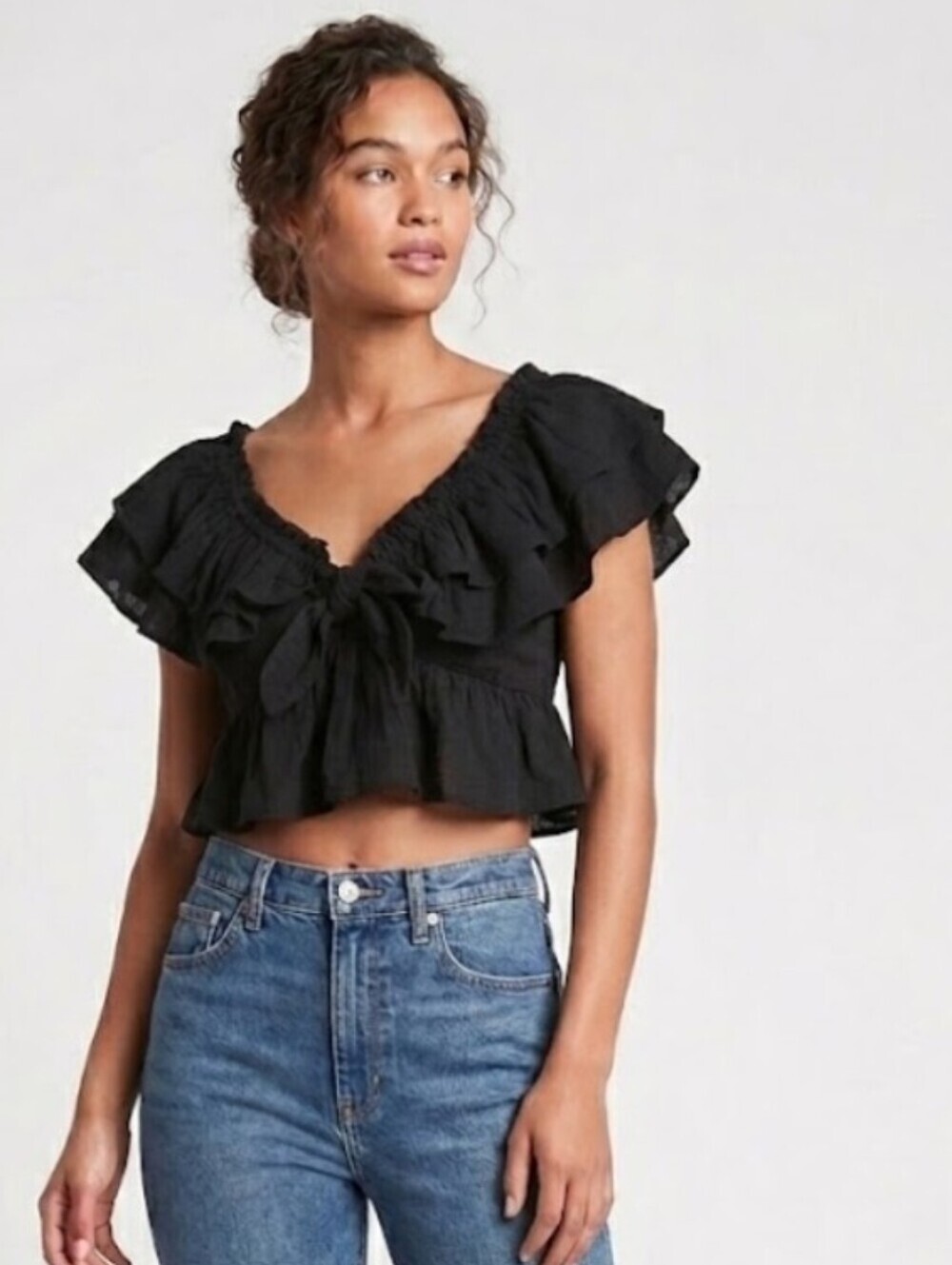 Olivaceous Black Off-Shoulder Ruffle Crop Top NWT